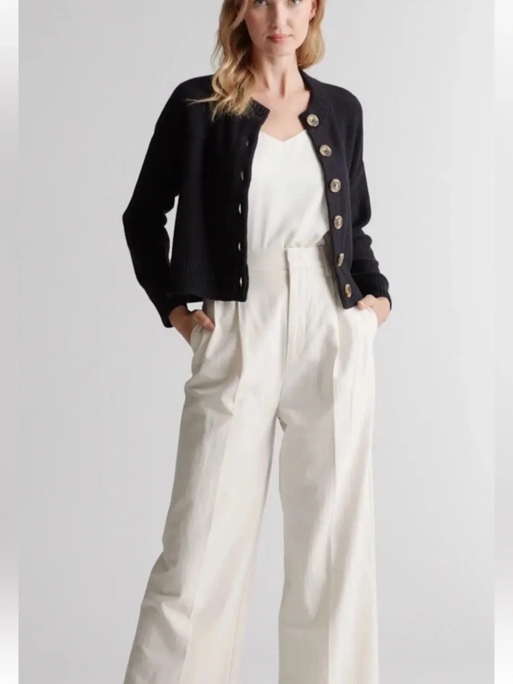 QUINCE 100% Organic Cotton Cropped Cardigan Black Size XL Extra Large - Picture 2 of 5